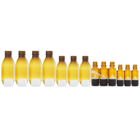 4 flacons de 125ml, 3 flacons de 60ml, 3 flacons de 20ml et 3 flacons de 10ml avec bouchons