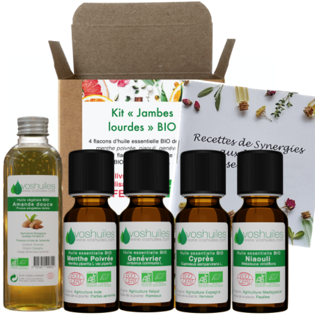 Kit Massage Jambes Lourdes - 4 huiles essentielles et 1 huile végétale