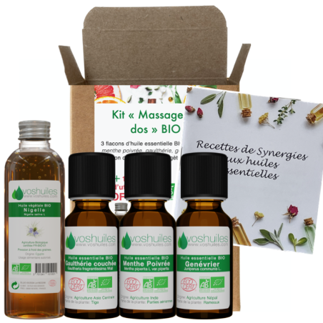 Kit « Massage du Dos » 3 Huiles essentielles Bio et 1 Huile Végétale Bio
