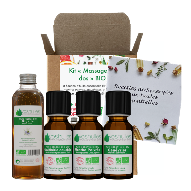 Kit Massage du Dos - 3 huiles essentielles et 1 huile végétale