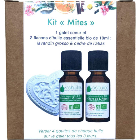 Kit huiles essentielles mites, 2 Huiles essentielles Bio et 1 Galet