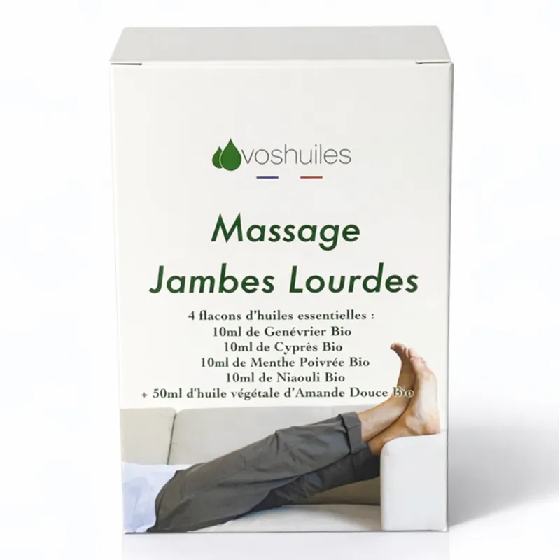 Kit Massage Jambes Lourdes - 4 Huiles Essentielles BIO et 1 Huile Végétale BIO