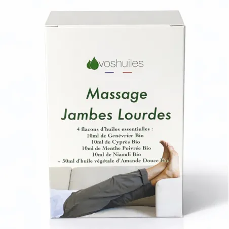 Kit Massage Jambes Lourdes - 4 Huiles Essentielles BIO et 1 Huile Végétale BIO