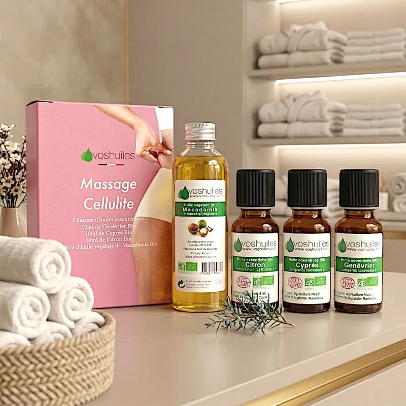 Kit Massage Cellulite - 3 Huiles Essentielles BIO et 1 Huile Végétale BIO