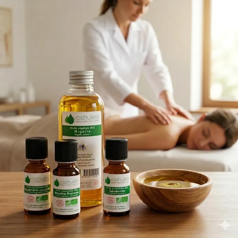Kit Massage Dos - 3 Huiles Essentielles BIO et 1 Huile Végétale BIO