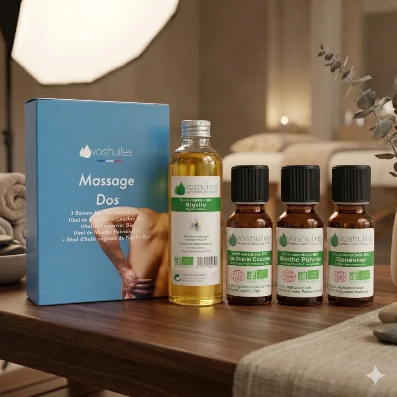 Kit Massage Dos - 3 Huiles Essentielles BIO et 1 Huile Végétale BIO