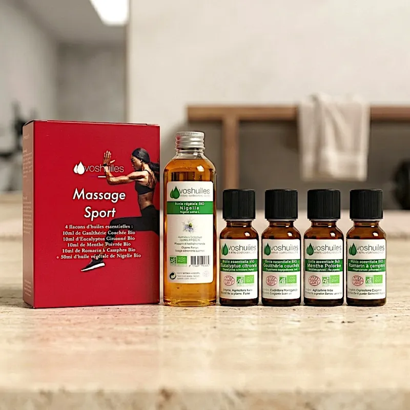 Kit Massage Sport - 4 Huiles Essentielles BIO et 1 Huile Végétale BIO