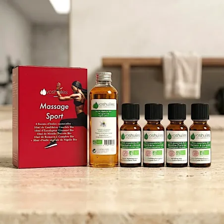 Kit Massage Sport - 4 Huiles Essentielles BIO et 1 Huile Végétale BIO