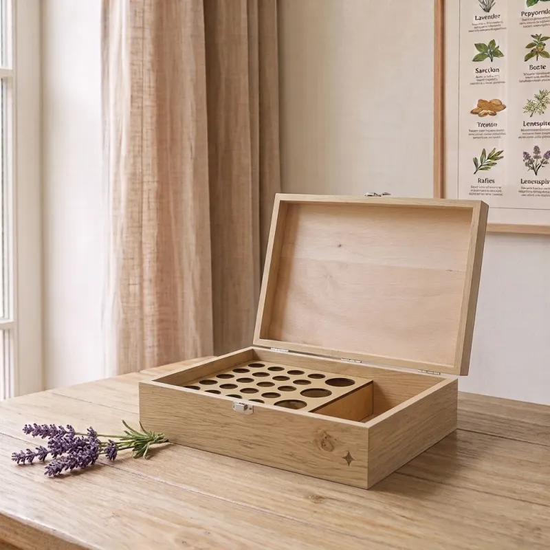 Boite en bois de rangement pour 20 flacons de 5 ou 10ml et 4 flacons de 50ml + Espace de rangement