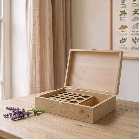 Boite en bois de rangement pour 20 flacons de 5 ou 10ml et 4 flacons de 50ml + Espace de rangement