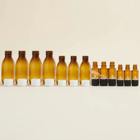4 flacons de 125ml, 3 flacons de 60ml, 3 flacons de 20ml et 3 flacons de 10ml avec bouchons