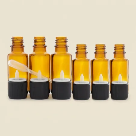 3 flacons de 20ml et 3 flacons de 10ml en verre ambré DIN 18 avec bouchons codigouttes