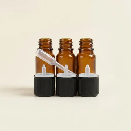 3 flacons de 10ml en verre ambré DIN 18 avec bouchons codigouttes