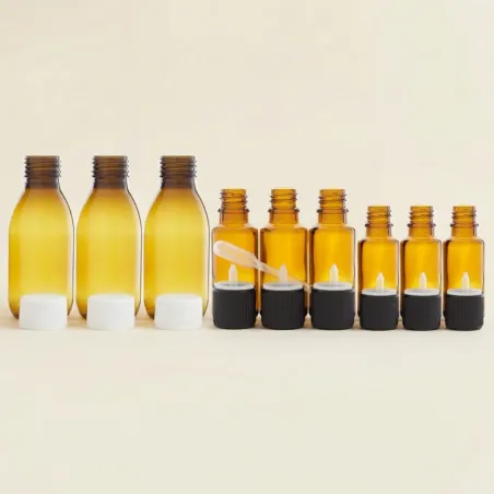 3 flacons de 60ml, 3 flacons de 20ml et 3 flacons de 10ml avec bouchons