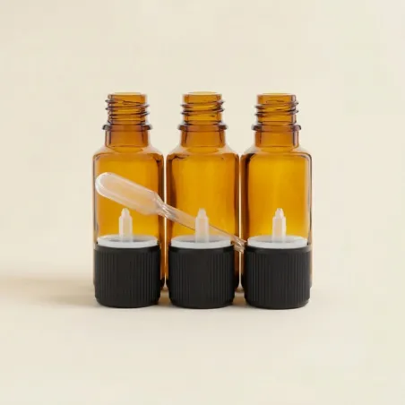 3 flacons de 20ml en verre ambré DIN 18 avec bouchons codigouttes