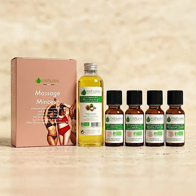 Kit Massage Minceur - 4 Huiles Essentielles BIO et 1 Huile Végétale BIO