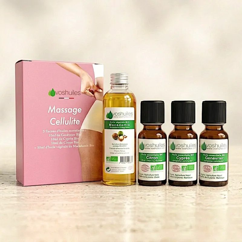 Kit Massage Cellulite - 3 Huiles Essentielles BIO et 1 Huile Végétale BIO