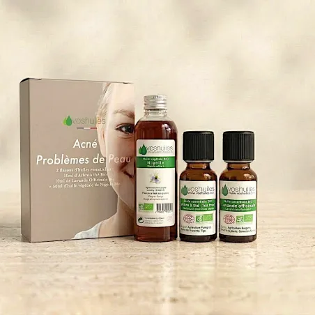 Kit Acné Problème de Peau - 2 Huiles Essentielles BIO et 1 Huile Végétale BIO