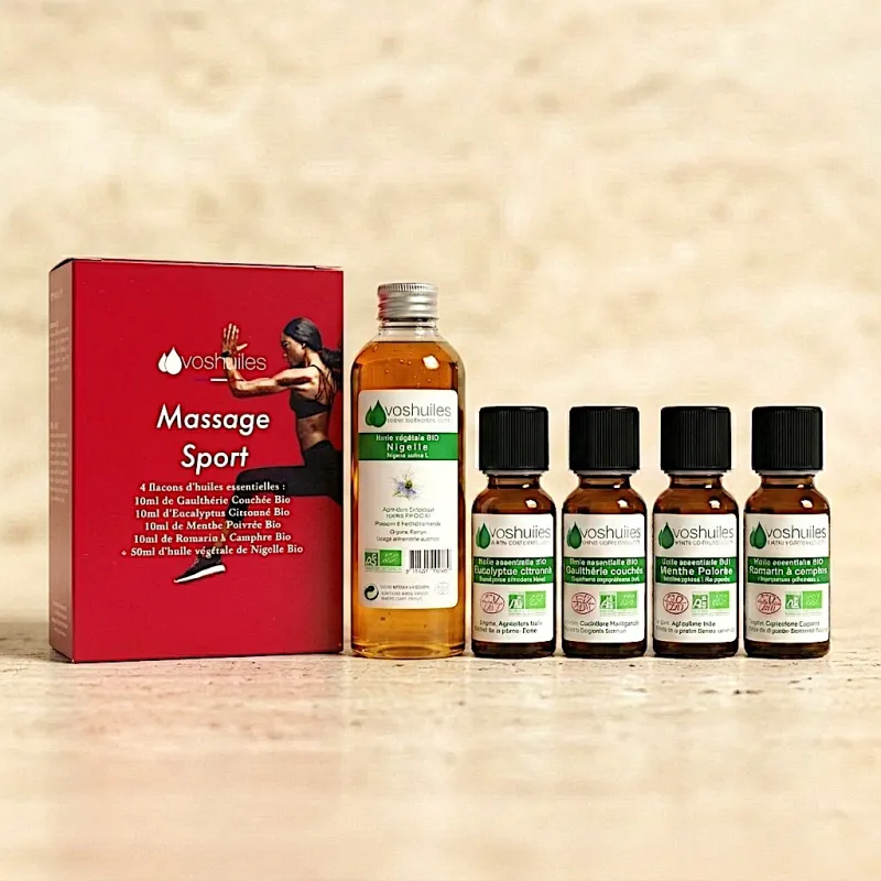 Kit Massage Sport - 4 Huiles Essentielles BIO et 1 Huile Végétale BIO