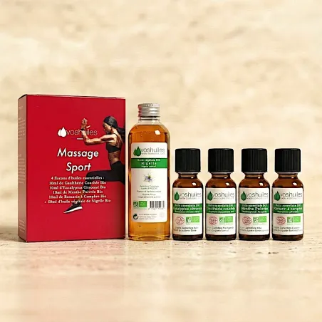 Kit Massage Sport - 4 Huiles Essentielles BIO et 1 Huile Végétale BIO