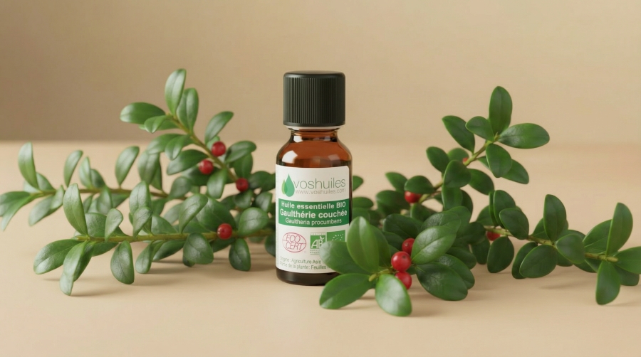 Flacon d’huile essentielle bio de Gaulthérie Couchée, entouré de feuilles de gaulthérie..