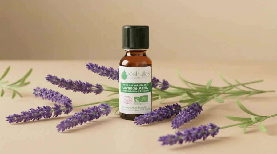 Flacon d’huile essentielle bio de lavande aspic entouré de lavande.