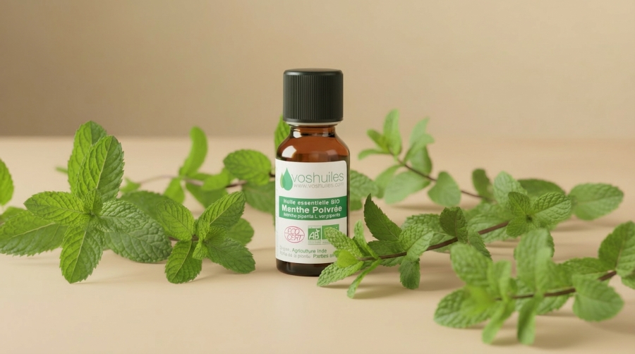 Flacon d’huile essentielle bio de menthe poivrée entouré de feuilles de menthe poivrée.